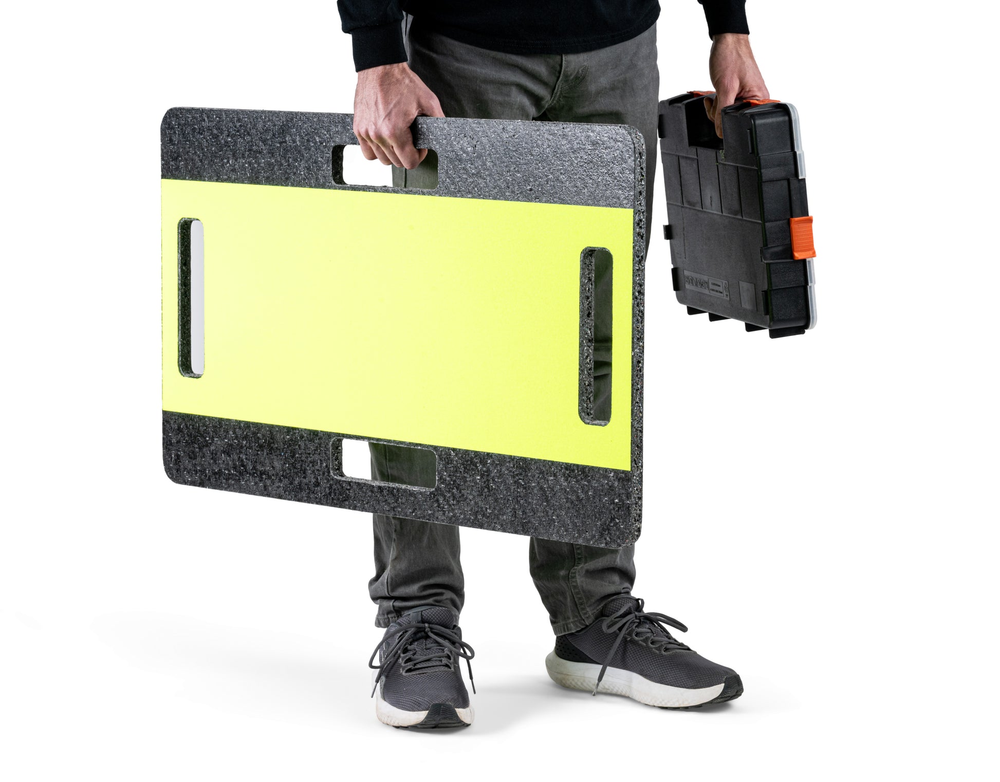 person holding an attic walking plank and toolbox